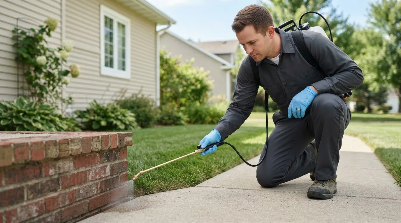 Pest control technician treating a home near Greenfield, IL