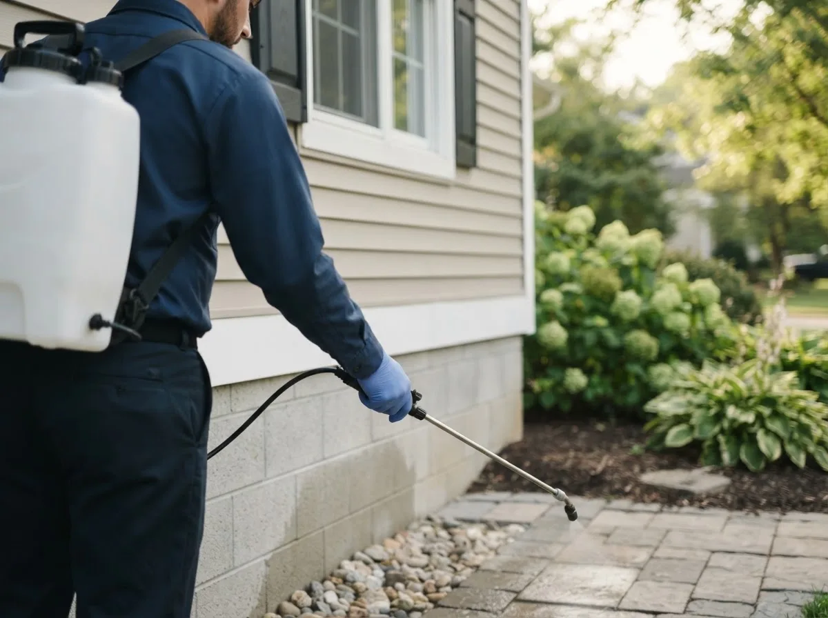Pest control technician inspecting a home in Greenfield, IL